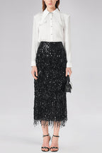 Evening Charm Layered Sequined Tassels High Rise Back Zipper Slit Midi Skirt