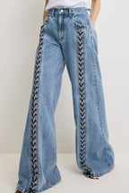 Harloe Denim High Rise Front Center Slit Rope Knot Design Pocket Wide Leg Jeans