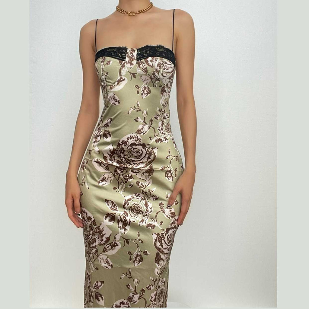 Flower print contrast backless lace hem zip-up midi dress