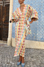 Yolanda Boutique V Neck Lantern Sleeves Geometric Print Maxi Dress Premium Wardrobe Essential