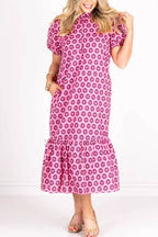 Pink Geometric Print Ruffle Neck Bubble Sleeve Shift Dress