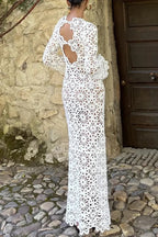 Island Break Crochet Flower Pattern Long Sleeve Backless Vacation Maxi Dress