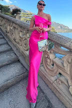 Solid Color Asymmetrical Shoulder Backless Strapless Sexy Formal Dress