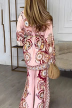 Unique Print Lapel Long Sleeve Tie Waist Shirt and Elastic Waist Pocket Wide Leg Pants Set
