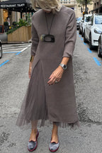 Jollie Knit Long Sleeve Front Slit Midi Sweater and Pleated Tulle Stretch Tank Midi Dress Two-piece Set
