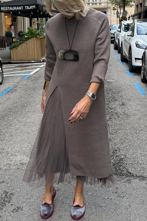 Jollie Knit Long Sleeve Front Slit Midi Sweater and Pleated Tulle Stretch Tank Midi Dress Two-piece Set