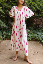 V-neck Large Cuffs Printed Loose Long Dress