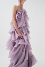 Free - Flowing Rose Detail Tiered Ruffles Halter A-line Maxi Dress