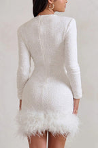 Solid Color Sequin Feather Long Sleeve Round Neck Sexy Sequin Dress