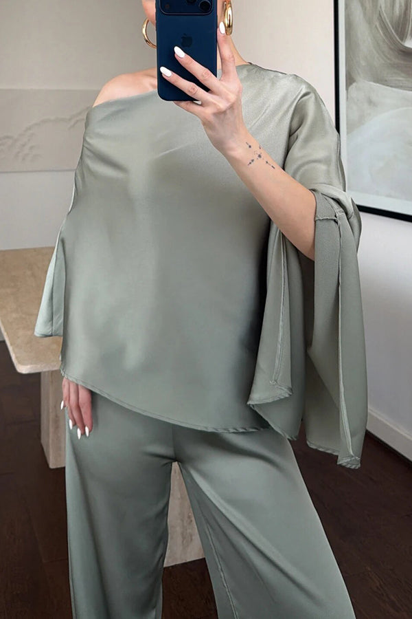 Arnell Satin One-Shoulder Cape Top and Elastic Waist Wide Leg Pants Set