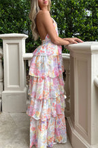 Harmony Floral Print Tiered  Ruffle Cross Halter Backless Vacation Maxi Dresses