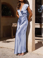 Spring Summer Satin Solid Color V - Neck Fishtail Party Dress