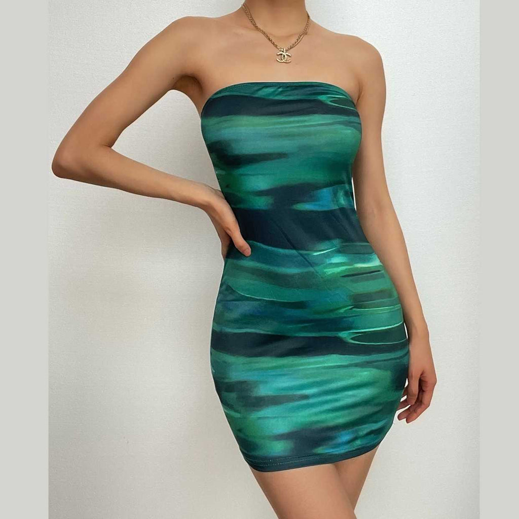Contrast print backless sleeveless tube mini dress