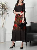 Summer Rayon Round Neck Flowers Print Loose Midi-Dress