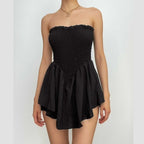 Smocked ruched solid ruffle backless tube mini dress