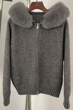Fur-collar zip-up cardigan