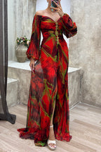 Sunset Serenade Printed Off Shoulder Embellished Pleated Slit Maxi Dress