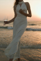 Satin V-Neck Halter Backless Maxi Party Dress