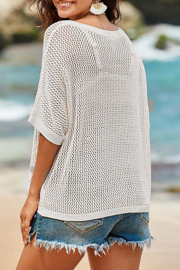 Floral Jacquard Loose-fitting Round Neck Short-sleeved Casual Knitted Cover-up