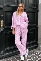 Pink Plaid Loose Casual Two Piece Set