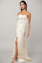 Jiusi White Floral Appliqued Satin Maxi Dress
