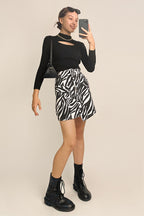 Black Mock Neck Front Cut Out Ribbed Knit Sweater