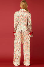 Christmas Printed Velvet Lace-up Long-sleeve Pocket Top and Elastic Waist Wide-leg Pants Set