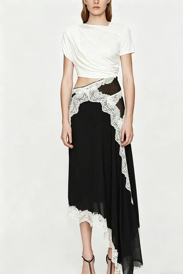 Verve Twisted Drape Across Tee Chiffon Lace Trim Hem Maxi Dress