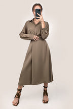 Brown Surplice Pleat Detail A-Line Maxi Shirt Dress