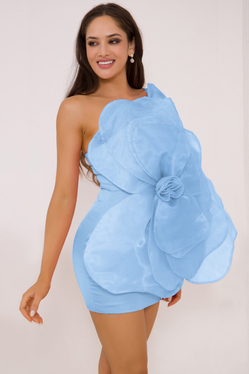 One Shoulder 3D Floral Bodycon Floral Dress