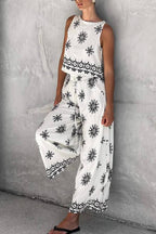 Boho Black & White Printed Sleeveless Top & Wide-Leg Pants Set