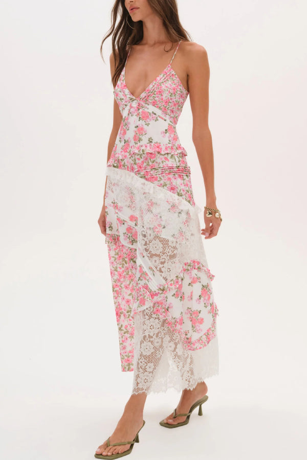 Fashionable Floral Print Lace Patchwork Hollow-out Slim Fit Vacation Ruffle Maxi Dress