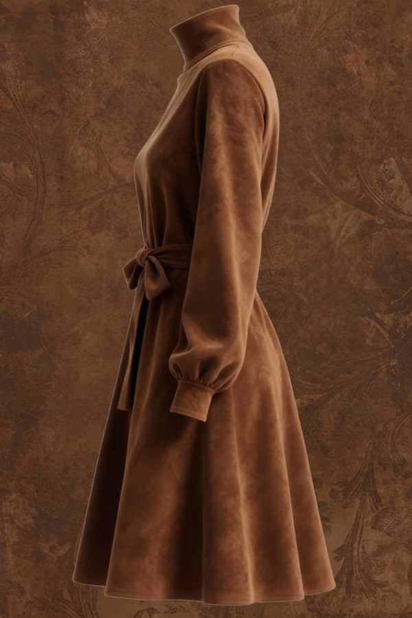 Stylish Suede Turtleneck Long-sleeved Tie-waist Casual Mini Dress