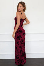 Velvet Flocked Slim Fit Strappy Long Party Dress