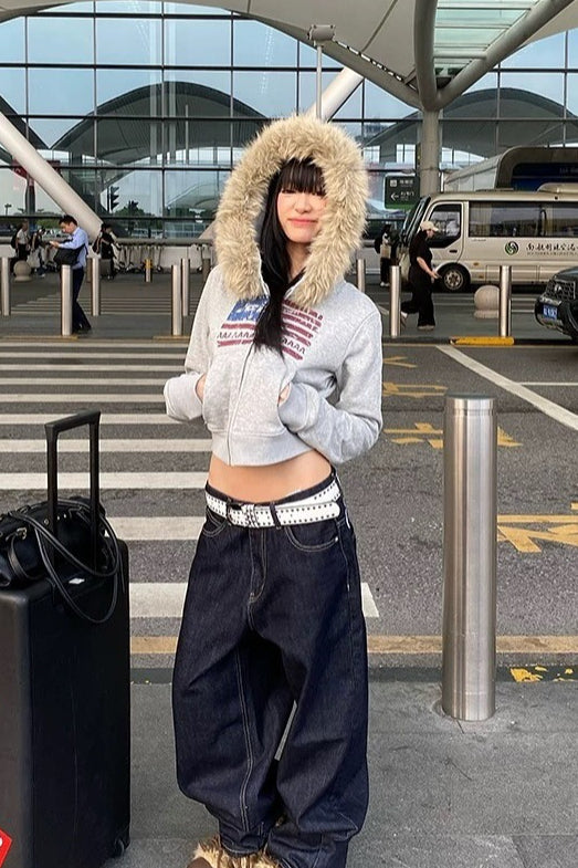 Y2K Flag Print Fur Paneled Casual Hoodie