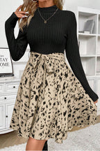 Black Ribbed Knit Patchwork Printed Belted A - line Dress