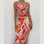 Sleeveless contrast print slit backless self tie hollow out midi dress