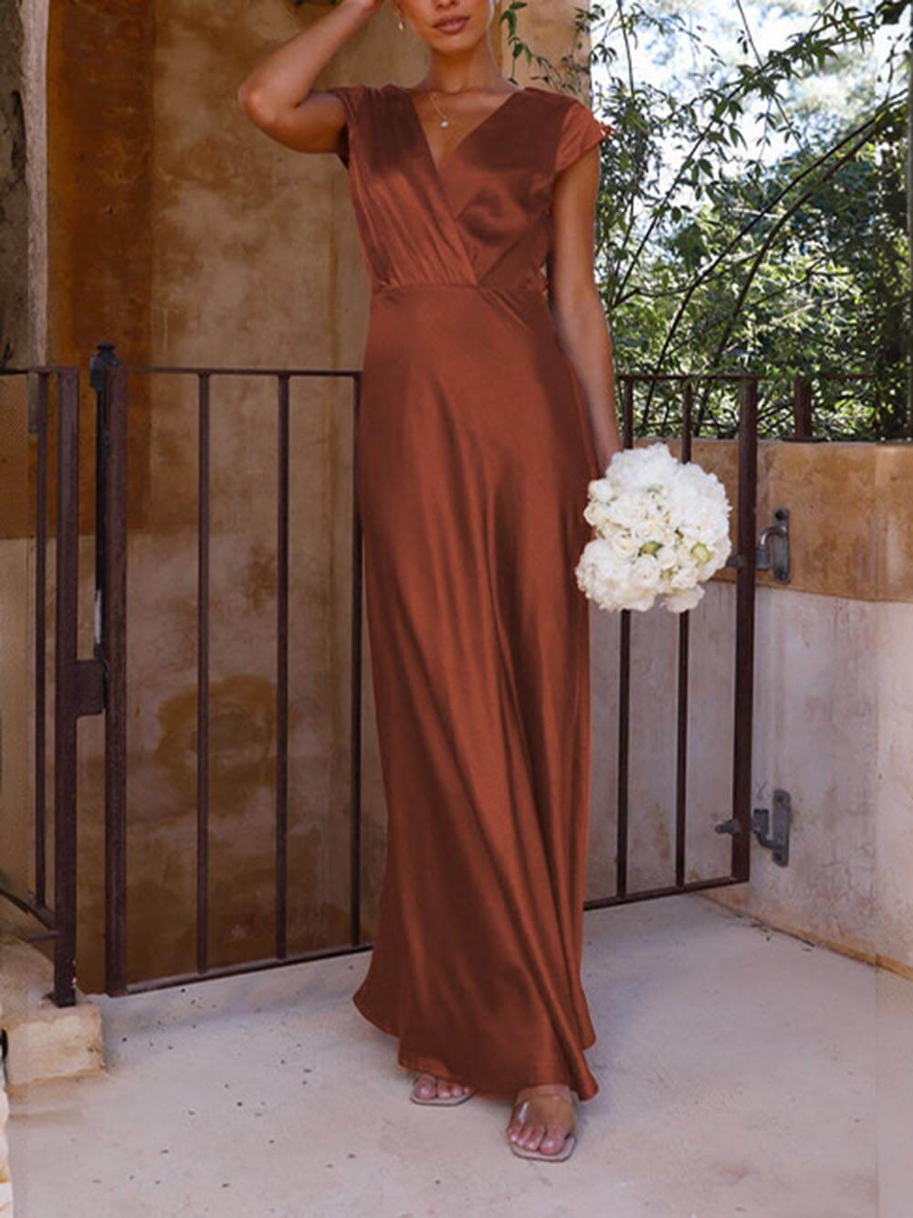 Spring Summer Satin Solid Color V - Neck Fishtail Party Dress