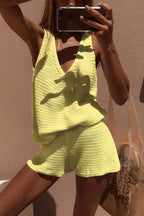 Solid Color V-neck Sleeveless Knit Vest and Casual Stretch Shorts Set