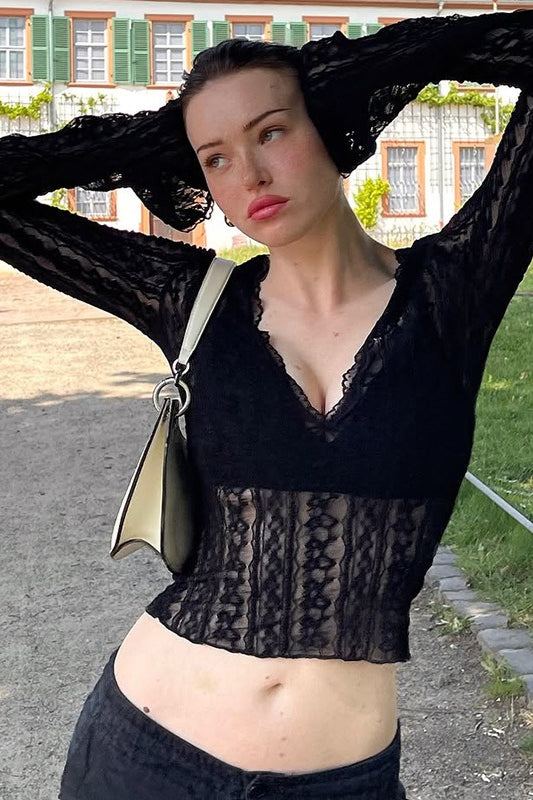 V-Neck Long Sleeve Lace Trim Crop Top