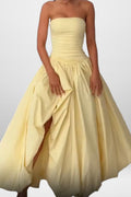 Strapless Split Tie Solid Evening Party Dress