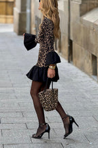 Street Elegant Leopard Patchwork Ruffle Half A Turtleneck Mini Dresses