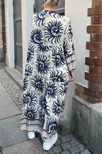Casual Ethnic Print Trumpet Sleeve Maxi Dress