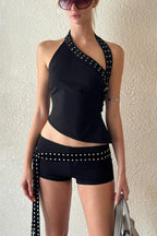 Chic Asymmetric Shoulder Slim Shorts Two Piece Set