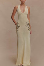 Sparkling Nights Knit Sunburst Sequin Detail Back Cross Straps Stretch Maxi Dress