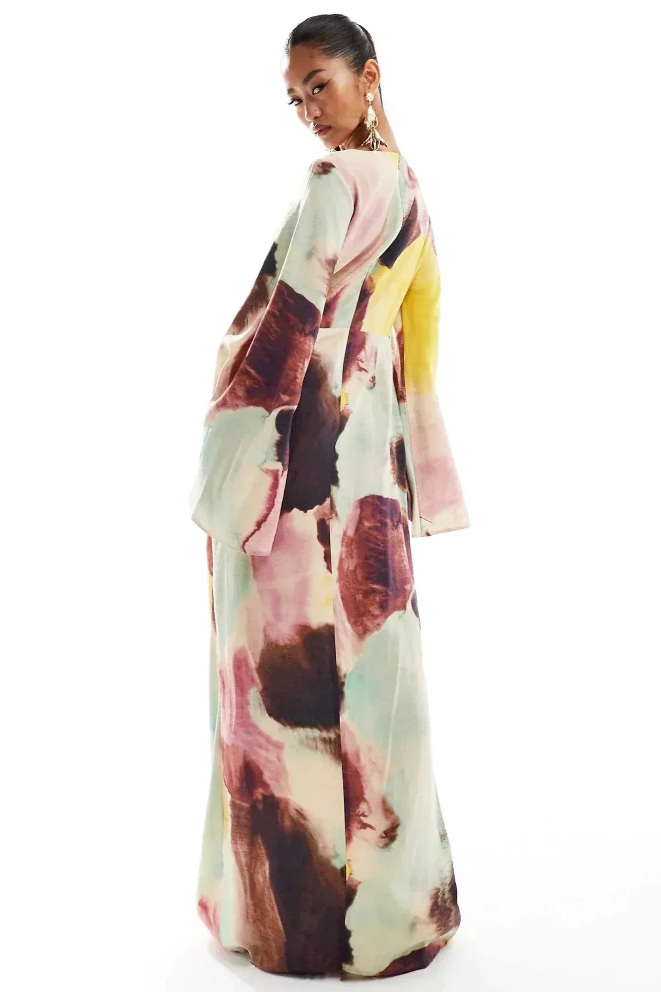 Mila Chic Ultra Long Dress with Abstract Watercolor Print Boutique Collection