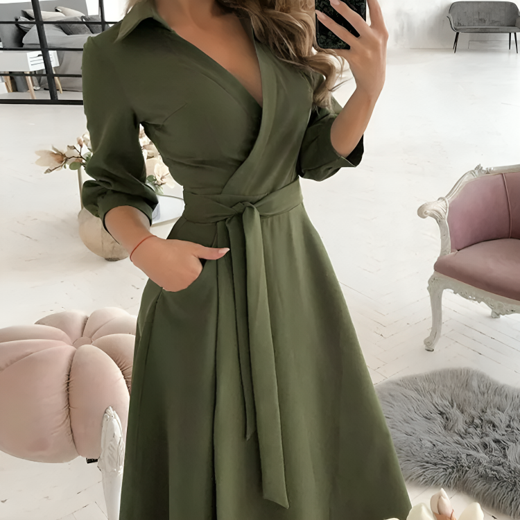 Sofia Effortless Long Sleeved Dress with a V Neck Designer Edit