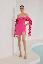 Nessa Off Shoulder Ruffle Mini Bandage Dress - Pink