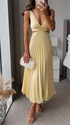 Mary Chic Pleated Long Dress with a Cut Out Waist Silhouette Collection