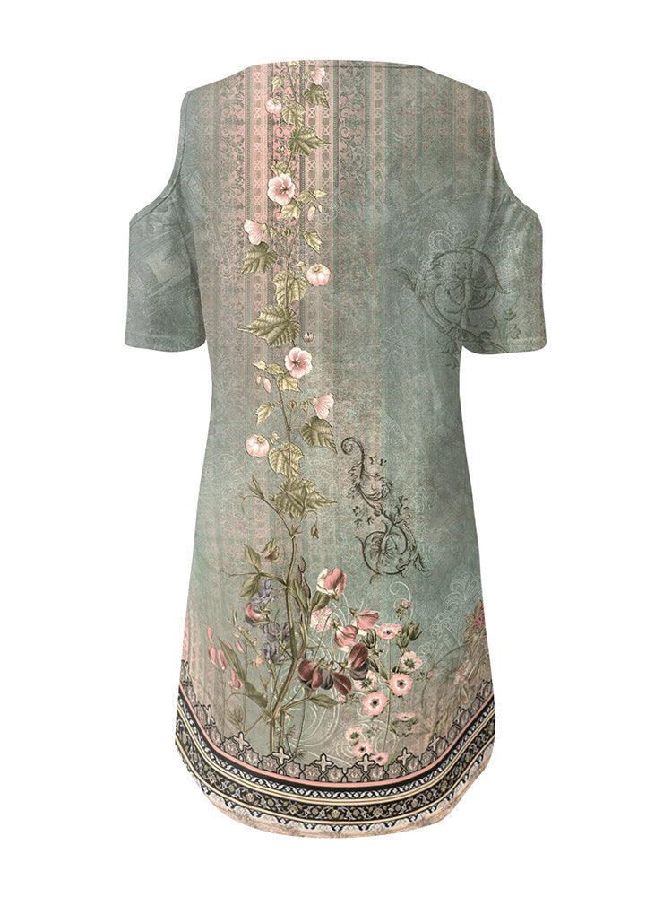 Basic Short Sleeve Green Print Mini Dress